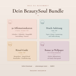 BeautySoul Bundle-Übersicht: 50 Affirmationskarten, Druck-Anleitung, Ritual-Guide und 50 Handy-Wallpaper als digitales Komplett-Paket