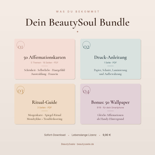 BeautySoul Bundle-Übersicht: 50 Affirmationskarten, Druck-Anleitung, Ritual-Guide und 50 Handy-Wallpaper als digitales Komplett-Paket