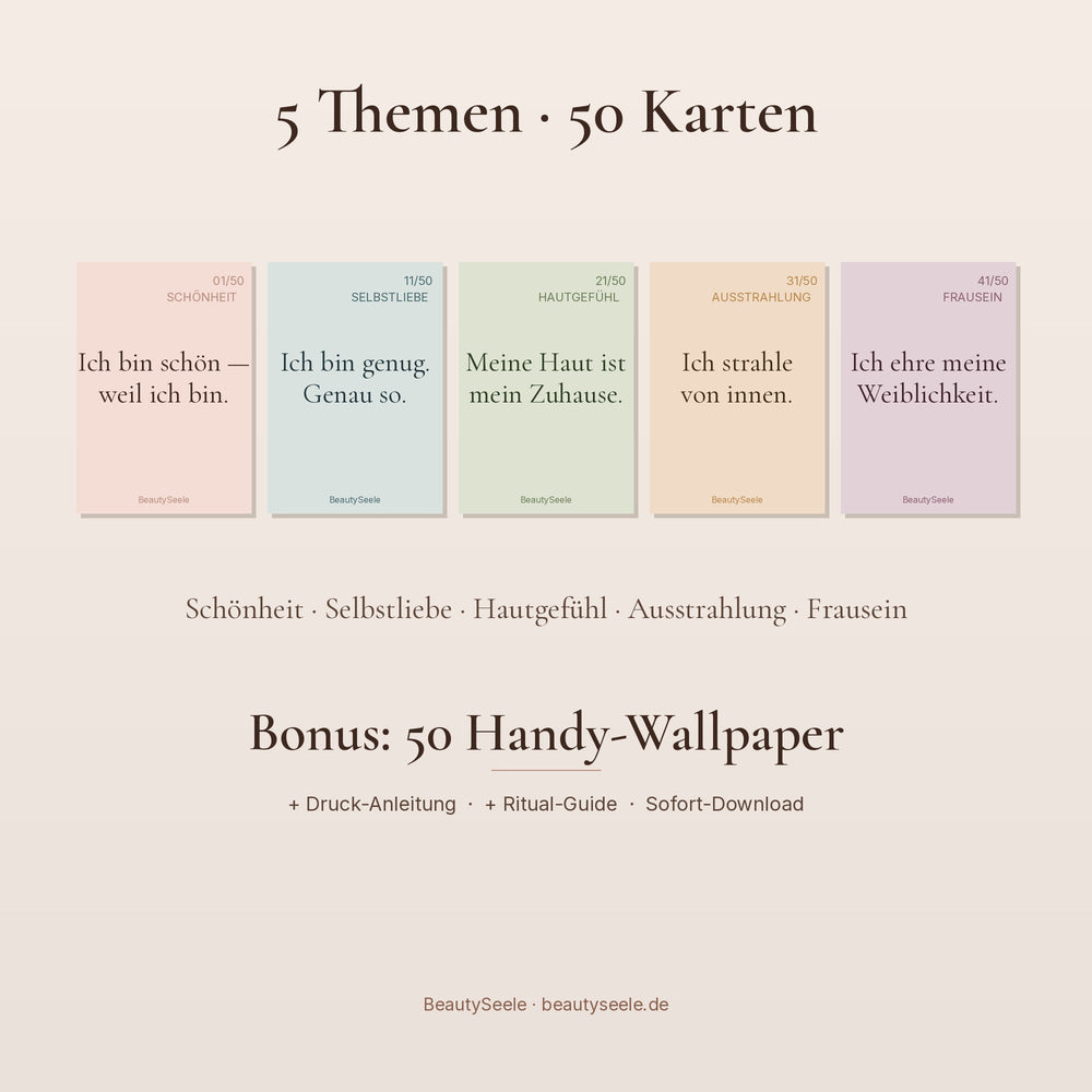 BeautySoul Affirmationskarten Cover in Pastellfarben — 50 Karten zur Selbstliebe von BeautySeele Berlin