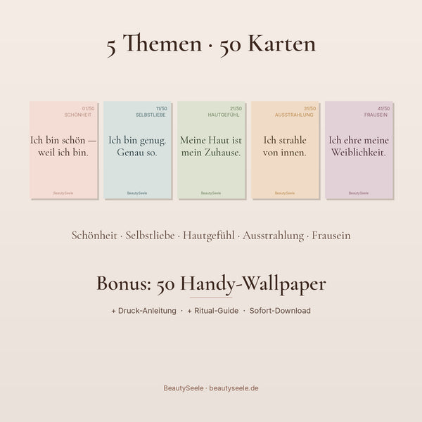 Übersicht aller 50 BeautySoul Affirmationskarten in 5 Farbthemen — Schönheit, Selbstliebe, Hautgefühl, Ausstrahlung, Frausein