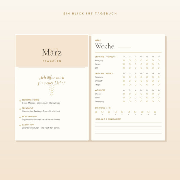 Innenseite Beauty-Tagebuch 365 mit Wochenplanung, Hautpflege-Tracker, Stimmungstracker und Reflexionsfragen im edlen Champagner-Design