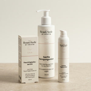 BeautySeele CALM Pflegeset mit sanfter Reinigungsmilch, Feuchtigkeitsserum und leichter Tagescreme