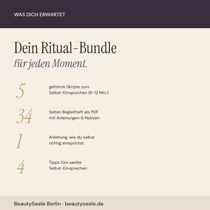 Übersicht Bundle-Inhalt: 5 Meditationsskripte, 34-Seiten PDF-Begleitheft, Anleitung Selbst-Einsprechen und 4 Tipps