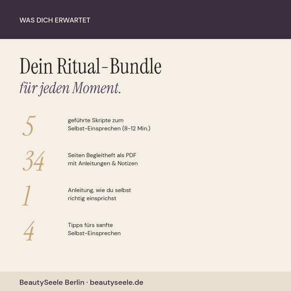 Übersicht Bundle-Inhalt: 5 Meditationsskripte, 34-Seiten PDF-Begleitheft, Anleitung Selbst-Einsprechen und 4 Tipps