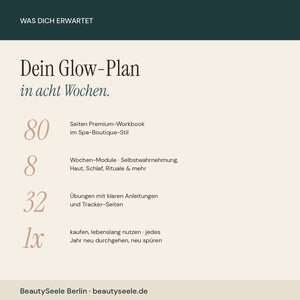 Feature-Übersicht zum Workbook „Mein Glow-Plan" von BeautySeele Berlin: 80 Seiten Premium-Workbook im Spa-Boutique-Stil, 8 Wochen-Module zu Selbstwahrnehmung, Haut, Schlaf und Ritualen, 32 begleitete Übungen mit Tracker-Seiten, einmal kaufen und lebenslang nutzen.