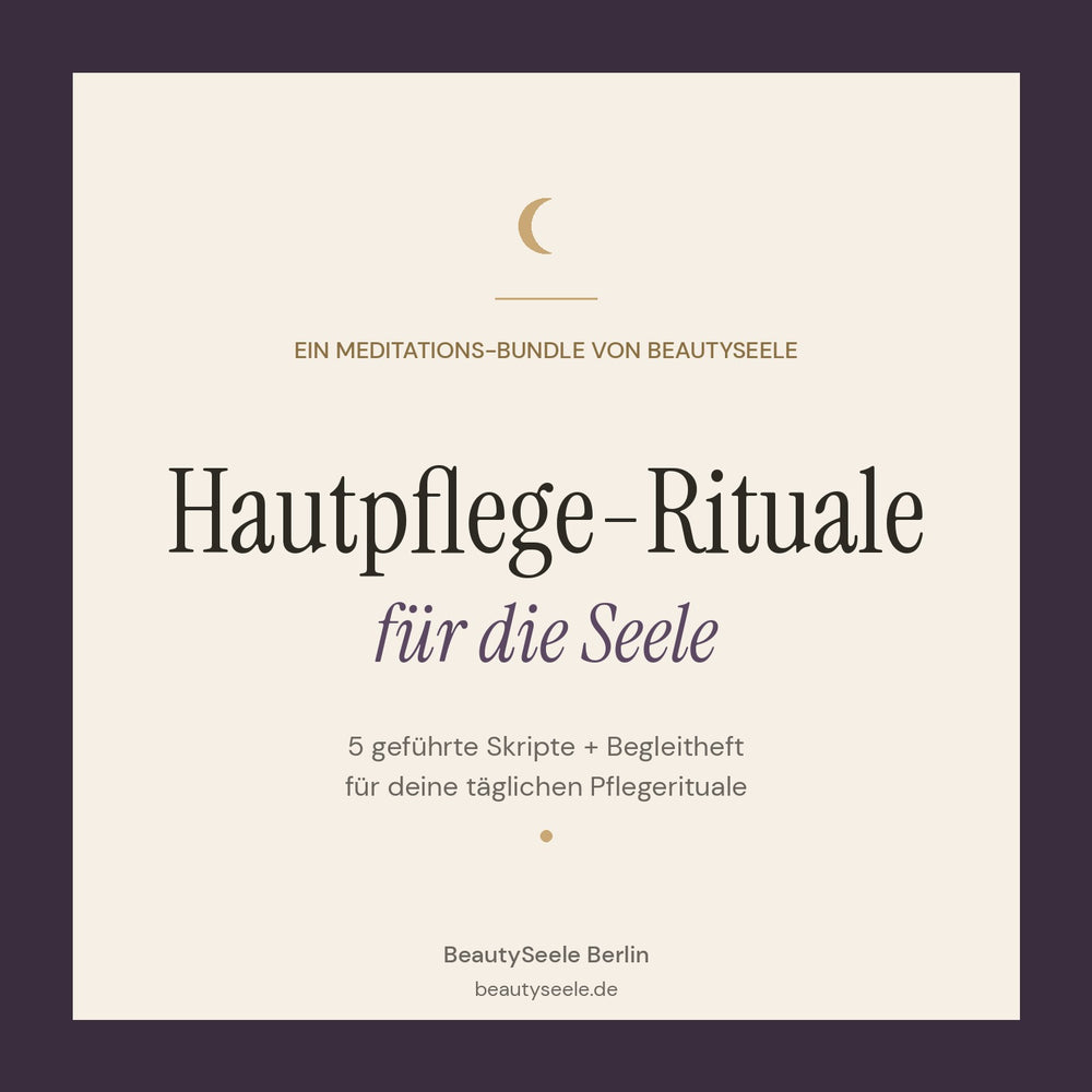 Cover „Hautpflege-Rituale für die Seele" – Meditations-Bundle von BeautySeele Berlin mit Mond-Symbol in Aubergine und Gold