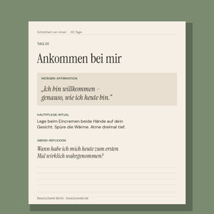 Beispielseite Tag 1 – Ankommen bei mir, mit Affirmation, Ritual und Reflexion