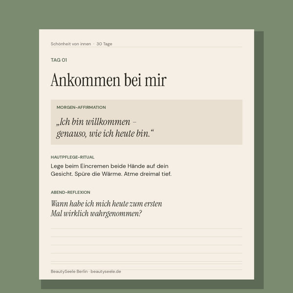 Beispielseite Tag 1 – Ankommen bei mir, mit Affirmation, Ritual und Reflexion