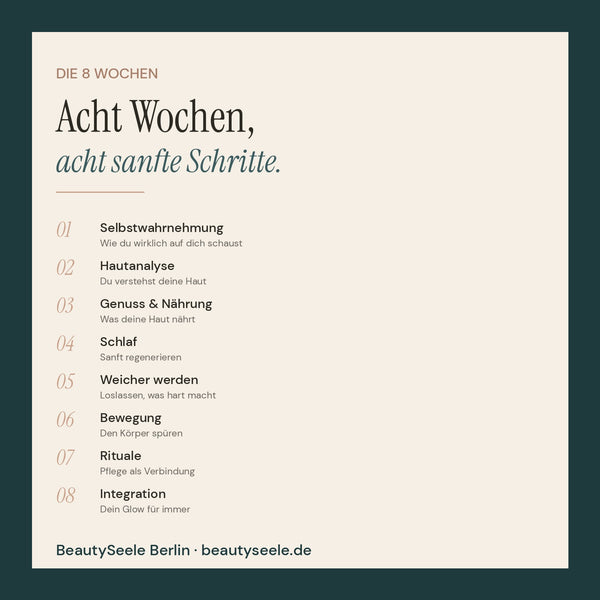 Inhaltsübersicht des 8-Wochen-Workbooks „Mein Glow-Plan" von BeautySeele Berlin: Woche 1 Selbstwahrnehmung, Woche 2 Hautanalyse, Woche 3 Genuss und Nährung, Woche 4 Schlaf, Woche 5 Weicher werden, Woche 6 Bewegung, Woche 7 Rituale, Woche 8 Integration. Ein sanfter, geführter Weg zu Haut und Seele.