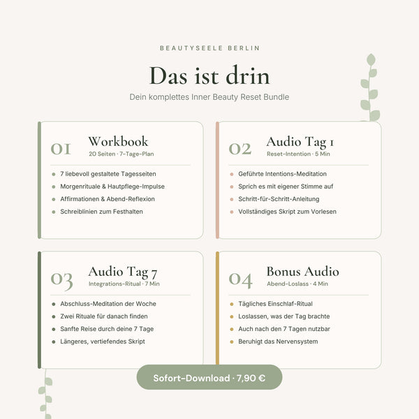 Inner Beauty Reset Bundle Übersicht: 20-Seiten Workbook plus 3 Audio-Skripte für 7-tägige Beauty-Auszeit von BeautySeele