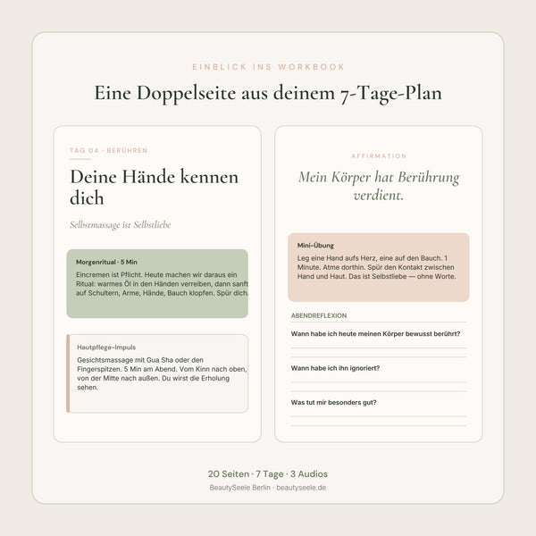 Innenseite Inner Beauty Reset Workbook mit 7-Tage-Plan, Reflexionsfragen und Reset-Ritualen für ganzheitliche Schönheit