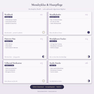 Mondzyklus-Bundle Übersicht: Workbook, Mondkalender 2026-2035, 10 Pinterest-Pins, Mondphasen-Tracker, Vollmond-Meditation und Studio-Brücke — Komplettpaket für 16,90 €