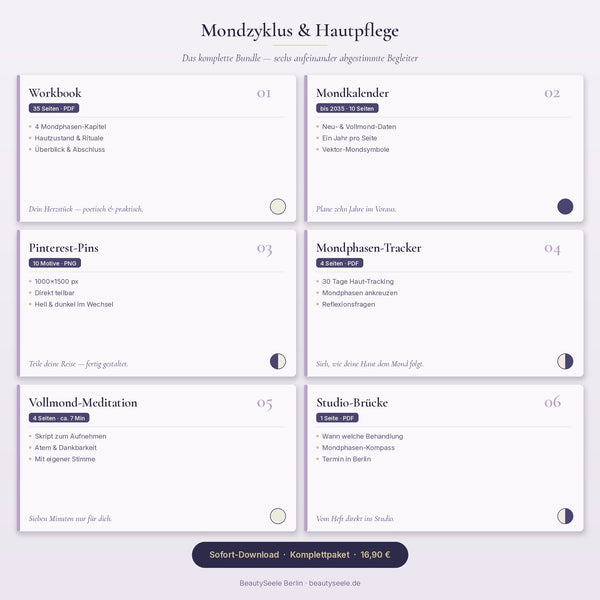 Mondzyklus-Bundle Übersicht: Workbook, Mondkalender 2026-2035, 10 Pinterest-Pins, Mondphasen-Tracker, Vollmond-Meditation und Studio-Brücke — Komplettpaket für 16,90 €