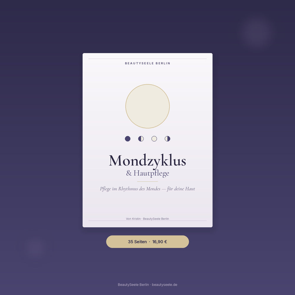 Mondzyklus & Hautpflege Workbook Cover mit Mondsymbol auf Twilight-Hintergrund — Rituale im Einklang mit dem Mond für deine Haut, von BeautySeele Berlin
