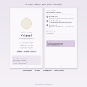Innenseiten-Vorschau Mondzyklus-Workbook: Vollmond-Kapitel mit Hautpflege-Ritualen, Schreibimpulsen und Studio-Empfehlungen