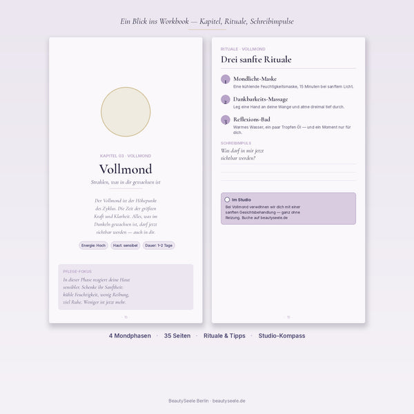 Innenseiten-Vorschau Mondzyklus-Workbook: Vollmond-Kapitel mit Hautpflege-Ritualen, Schreibimpulsen und Studio-Empfehlungen