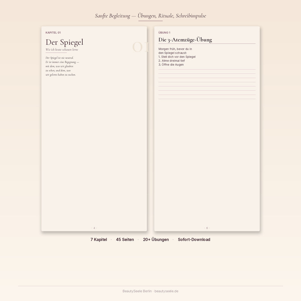 Spiegel-Liebe Workbook Cover in Aubergine und Champagne — Selbstannahme-Workbook für Frauen ab 40 von BeautySeele Berlin