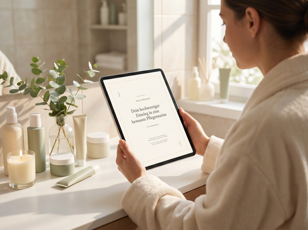 Frau liest BeautySeele Starter-Workbook auf Tablet am Vanity-Tisch – ruhige Hautpflege-Routine zu Hause