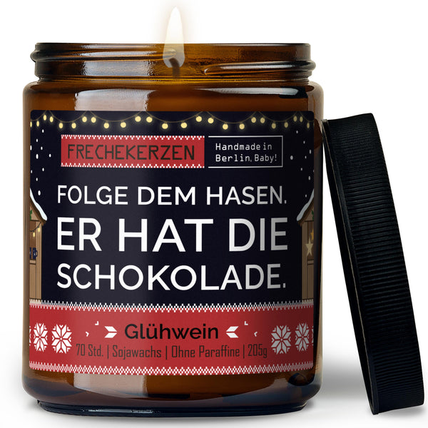 Duftkerze mit Spruch | folge dem hasen. er hat die schokolade.