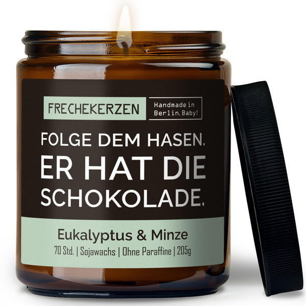 Duftkerze mit Spruch | folge dem hasen. er hat die schokolade.