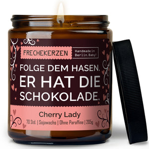 Duftkerze mit Spruch | folge dem hasen. er hat die schokolade.