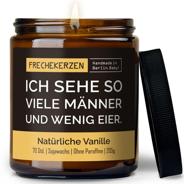 Kerze mit Deckel | ich sehe so viele männer und wenig eier.