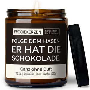Duftkerze mit Spruch | folge dem hasen. er hat die schokolade.