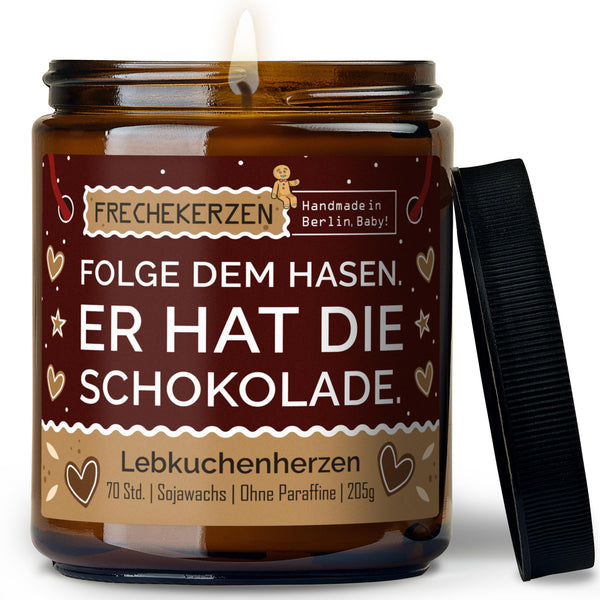 Duftkerze mit Spruch | folge dem hasen. er hat die schokolade.
