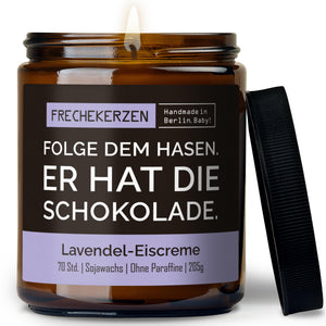 Duftkerze mit Spruch | folge dem hasen. er hat die schokolade.