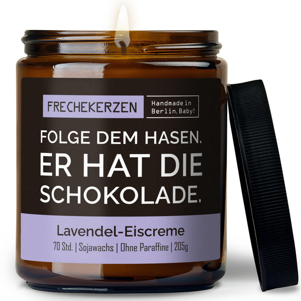 Duftkerze mit Spruch | folge dem hasen. er hat die schokolade.
