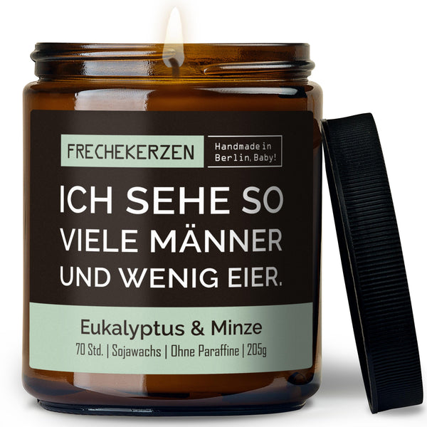 Kerze mit Deckel | ich sehe so viele männer und wenig eier.