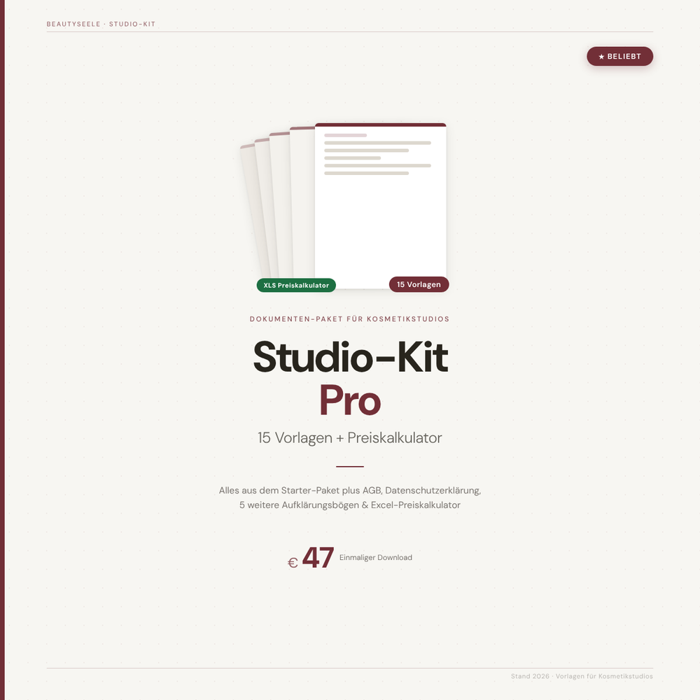 Studio-Kit Pro — 15 Vorlagen mit Preiskalkulator und AGB für Kosmetikstudios