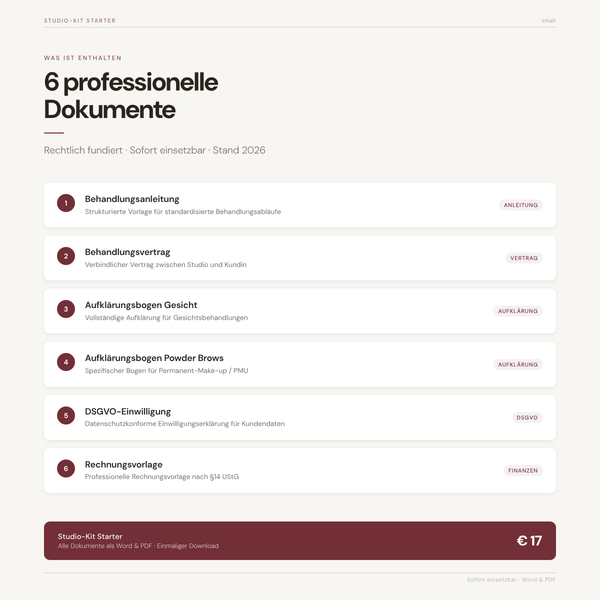 Inhalt Studio-Kit Starter: 6 Word-Dokumente für Kosmetikerinnen